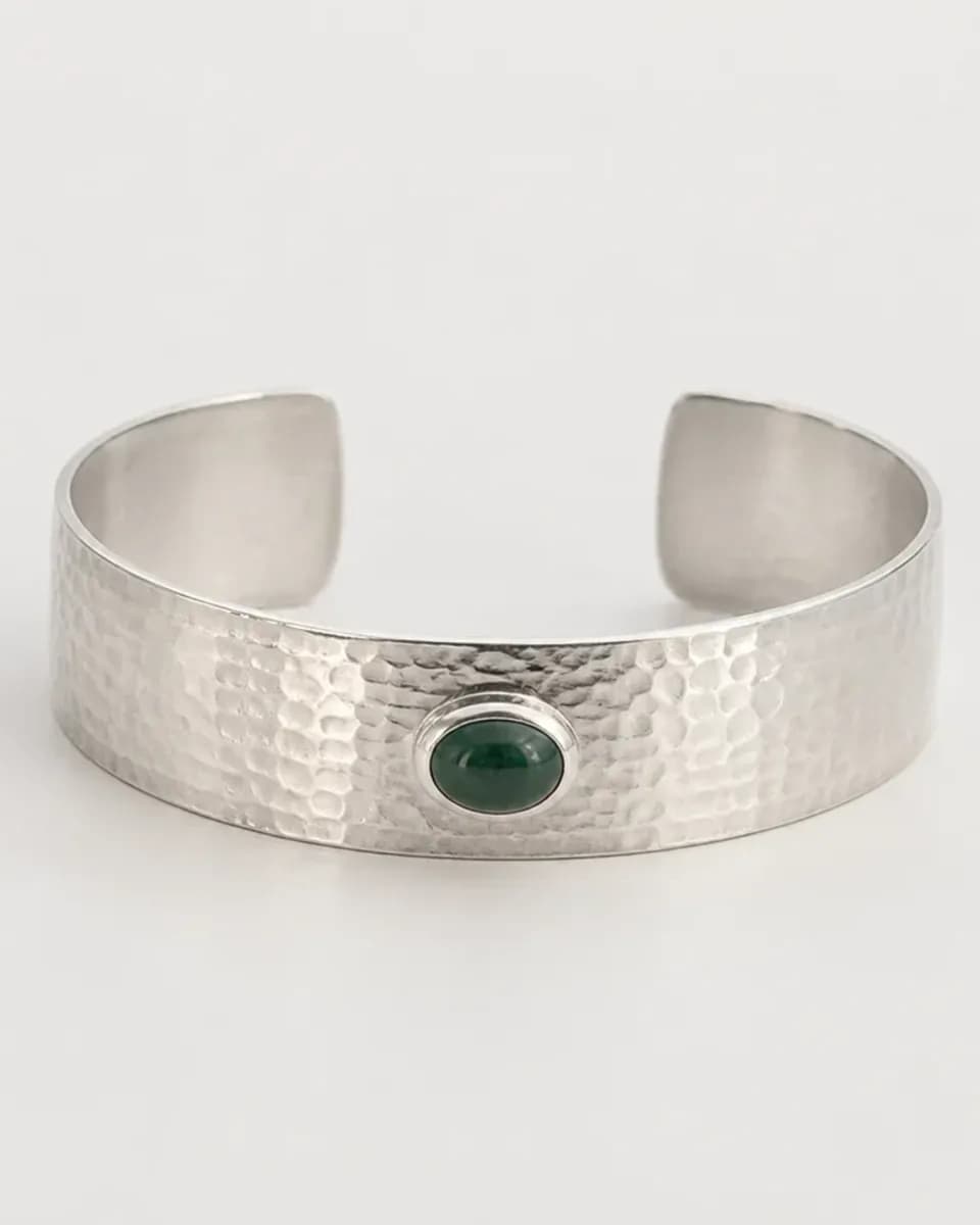 Hammered Silver Green Stone Cuff, view 2