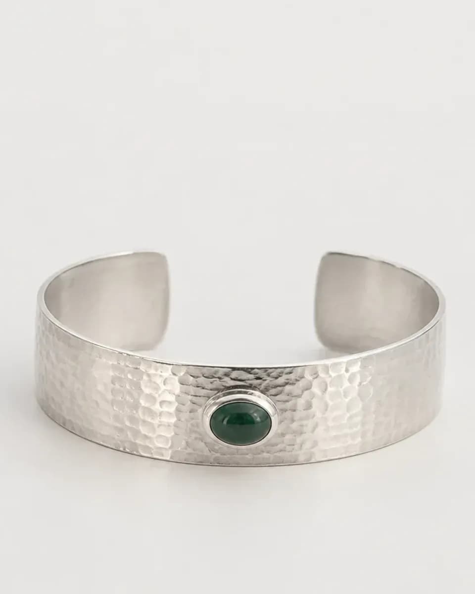 Hammered Silver Green Stone Cuff, view 3