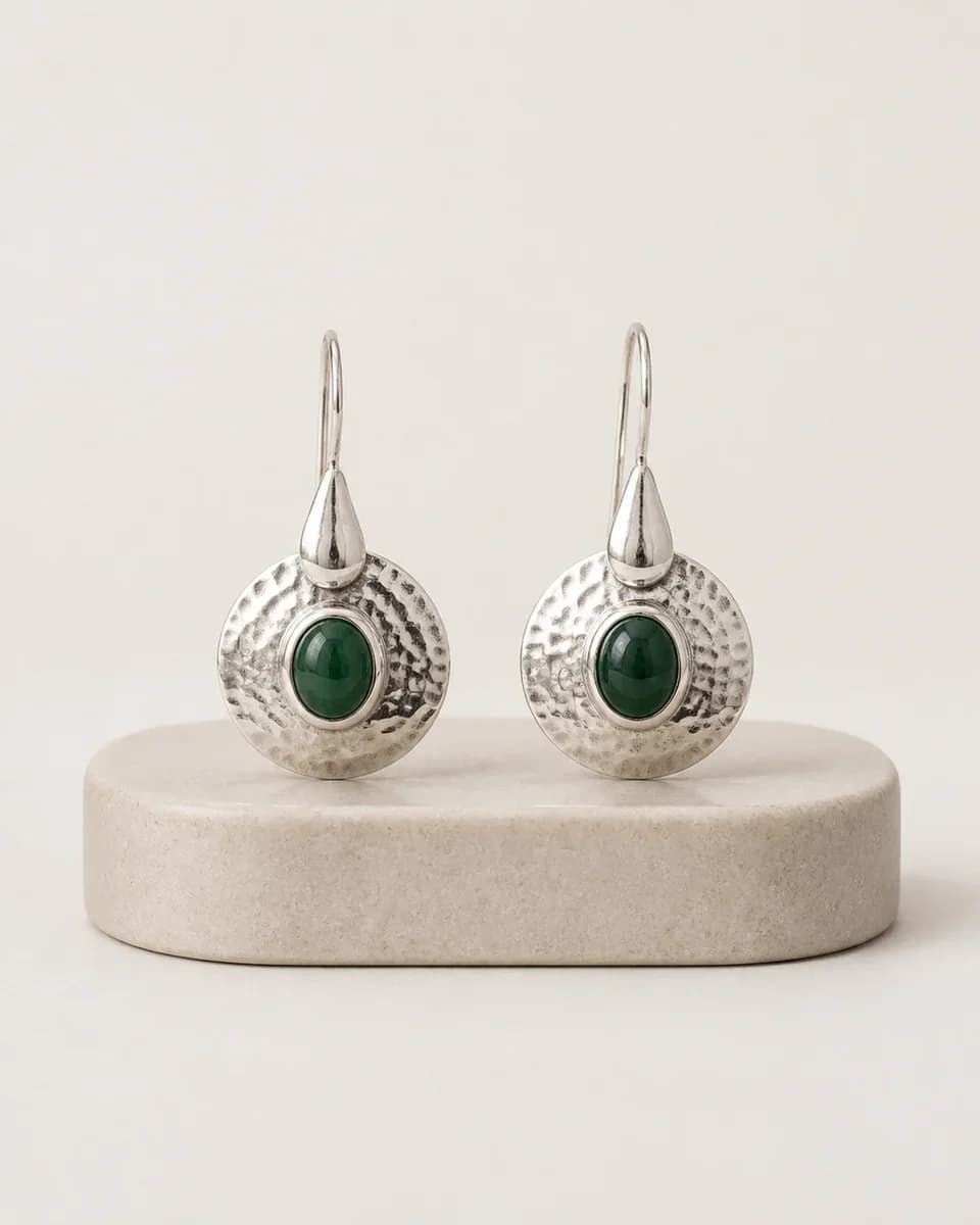 Silver Green Stone Drop Earrings - Main image