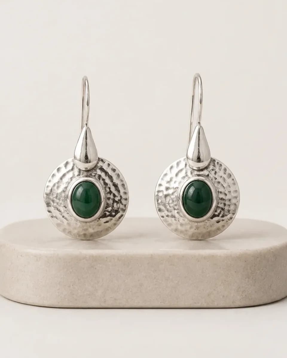 Silver Green Stone Drop Earrings, view 2