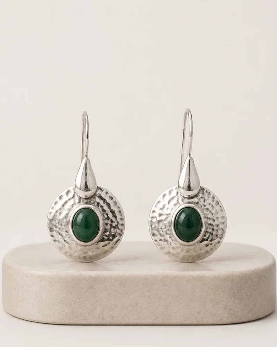 Silver Green Stone Drop Earrings, view 3