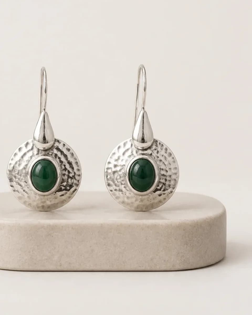 Silver Green Stone Drop Earrings, view 4
