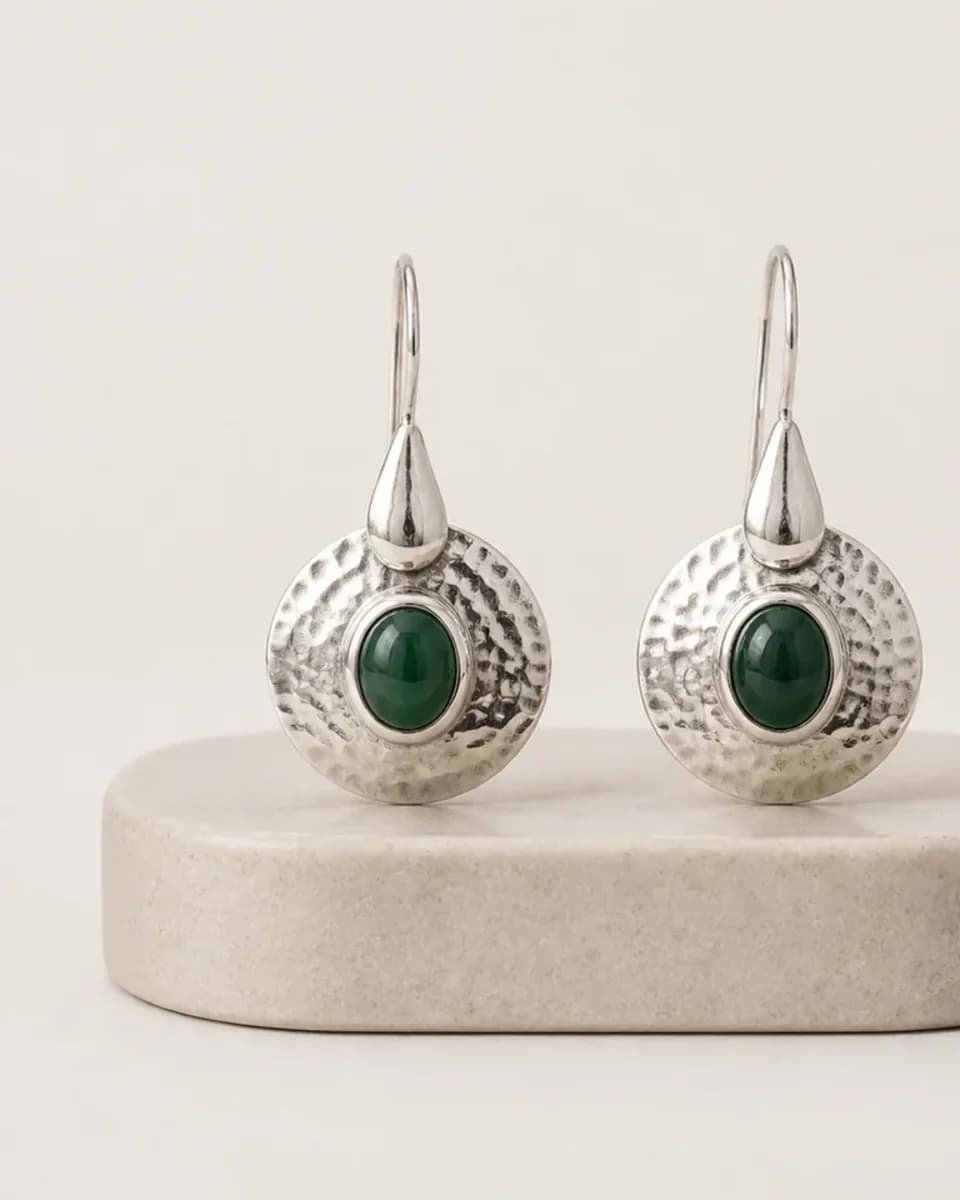 Silver Green Stone Drop Earrings, view 5