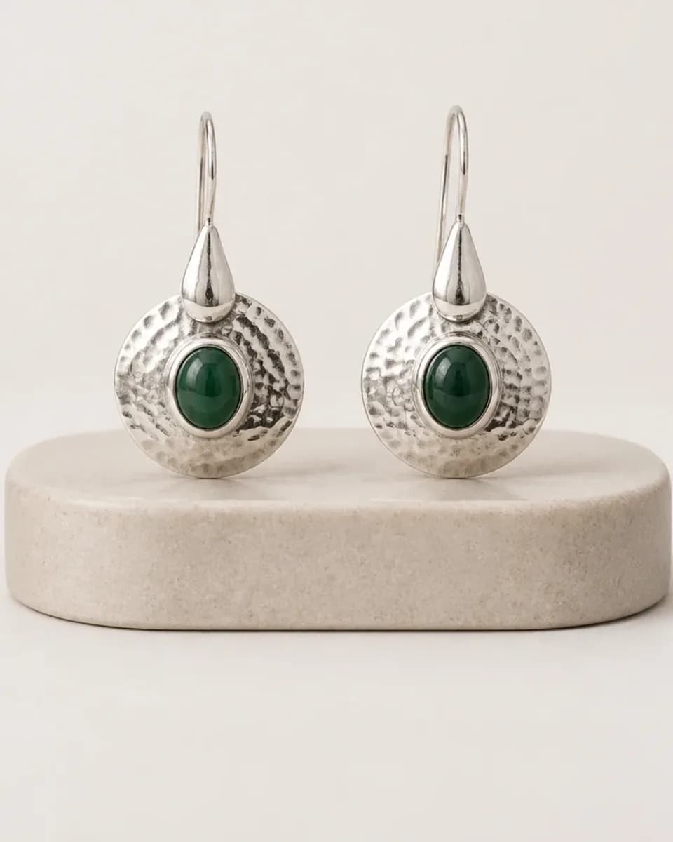 Silver Green Stone Drop Earrings, view 6