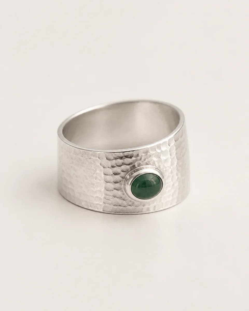 Hammered Silver Green Stone Ring